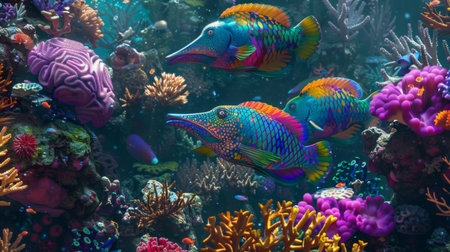 A coral reef scene with colorful parrotfish grazing on algae, surrounded by other reef inhabitants.の素材