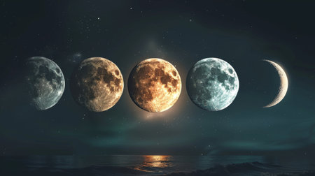 A digital artwork of the moon phases, illustrating its different stages from new moon to full moon.の素材