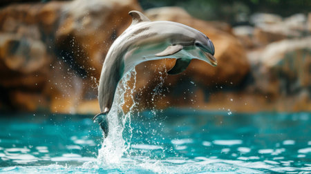 A dolphin performing a graceful flip in mid-air during a training session at a marine mammal facility.の素材