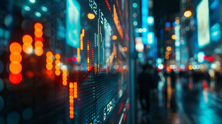 A digital display showing a stock market ticker with scrolling financial graphs and market data in real time.の素材