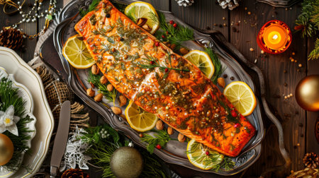 A festive holiday dinner table with a whole baked salmon garnished with dill and lemon slices.の素材