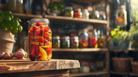 A glass jar of homemade pickled chili peppers with vinegar and spices, on a rustic kitchen shelf.の素材