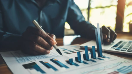 A financial planner discussing retirement savings strategies, with bar graphs showing investment growth.の素材