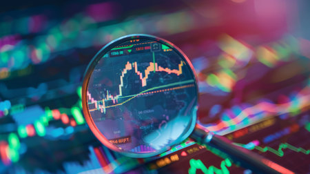 A magnifying glass focusing on a specific section of a stock market graph, emphasizing detailed analysis.の素材