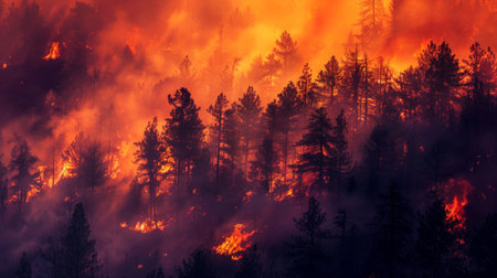 A forest engulfed in flames during a wildfire season intensified by hotter temperatures from global warming.の素材