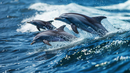 A group of dolphins riding waves and surfing together in the open ocean, enjoying playful moments.の素材