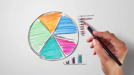 A hand drawing a pie chart on a whiteboard, with colorful segments representing different data points.の素材