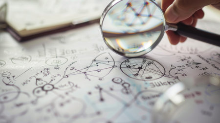 A person using a magnifying glass to examine details on a complex graph.の素材