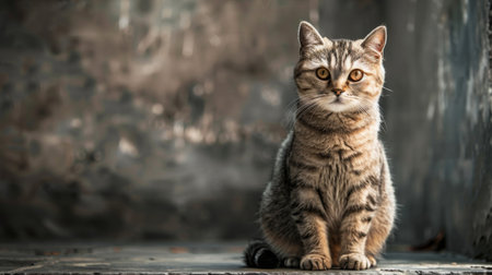 A plump cat sitting upright, with a curious expression, watching something off-camera.の素材