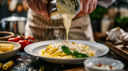 A person pouring a creamy sauce over a freshly cooked pasta dish, ready to be served.の素材
