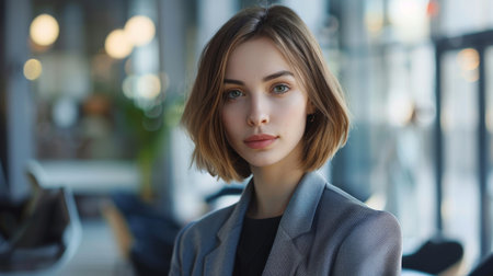 A professional woman with a chic bob haircut, wearing a stylish blazer in a modern office setting.の素材