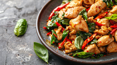 A plate of spicy Thai basil chicken (Pad Krapow Gai) stir-fried with chili peppers and holy basil leaves.の素材