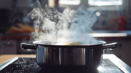 A pot of boiling water with steam rising, ready for pasta to be added.の素材