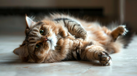 A rotund cat lying on its back, belly up, asking for belly rubs.の素材