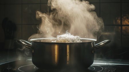 A pot of boiling water with steam rising, ready for pasta to be added.の素材