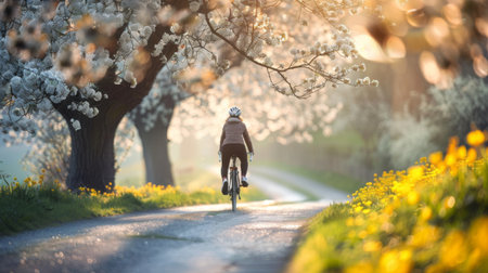 A person riding a bicycle on a peaceful rural road surrounded by blooming spring flowers.の素材