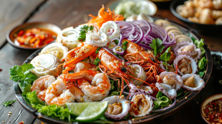 A platter of colorful Thai seafood salad (Yum Talay) with shrimp, squid, and scallops in spicy lime dressing.の素材