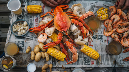 A person enjoying a seafood boil with shrimp, crab legs, corn, and potatoes, spread out on a newspaper-covered table.の素材