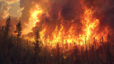 A raging wildfire spreading through a forest, with towering flames and smoke billowing into the sky.の素材
