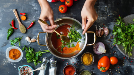 A person adding spices to a pot of curry, with vibrant colors and aromatic ingredients.の素材