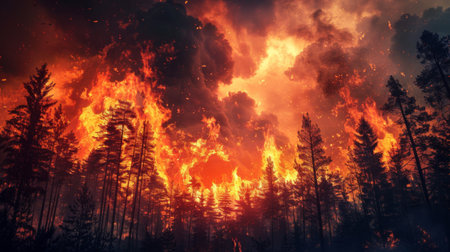 A raging wildfire spreading through a forest, with towering flames and smoke billowing into the sky.の素材