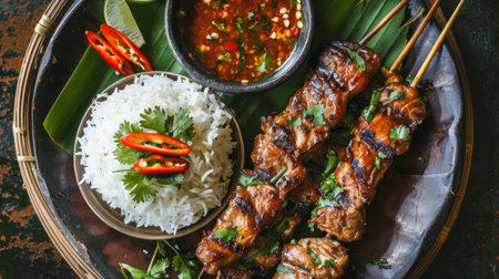 A plate of Thai-style grilled pork skewers (Moo Ping) served with sticky rice and dipping sauce.の素材