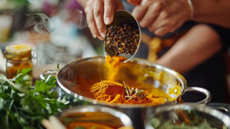 A person adding spices to a pot of curry, with vibrant colors and aromatic ingredients.の素材