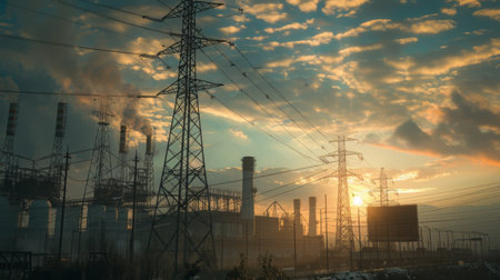 A power plant generating electricity, with turbines and transmission lines against a cloudy sky.の素材