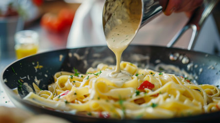 A person pouring a creamy sauce over a freshly cooked pasta dish, ready to be served.の素材