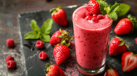 A refreshing strawberry smoothie in a tall glass, garnished with fresh berries and mint leaves.の素材