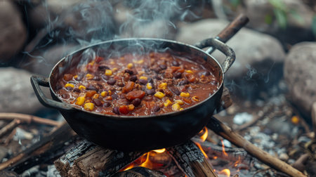 A pot of chili cooking over a campfire, with rustic surroundings and a sense of adventure.の素材