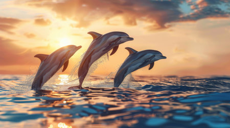 A pod of dolphins jumping gracefully out of the water in perfect synchronization against a sunset sky.の素材