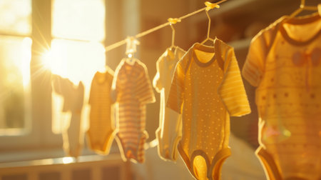 A row of baby clothes hanging on a miniature clothesline indoors with soft sunlight filtering throughの素材