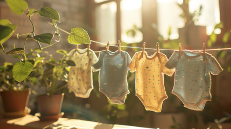 A row of baby clothes hanging on a miniature clothesline indoors with soft sunlight filtering throughの素材