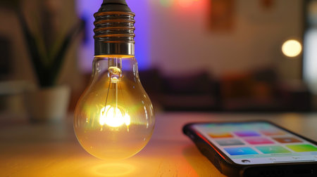 A close-up of a smart light bulb controlled via a smartphone app, with color-changing options.の素材