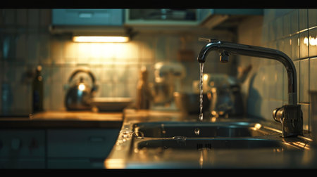 A dripping faucet in a quiet kitchen at night, with the light from the window casting shadows.の素材