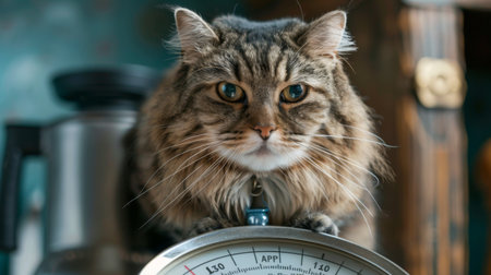 A hefty cat sitting on a scale, with the numbers clearly showing its weight.の素材