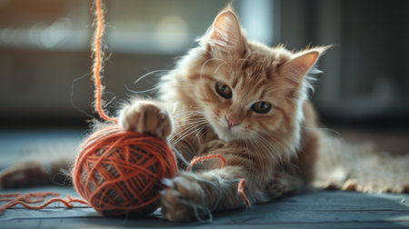 A corpulent cat playing with a ball of yarn, pawing at it energetically.の素材