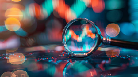 A magnifying glass focusing on a specific section of a stock market graph, emphasizing detailed analysis.の素材