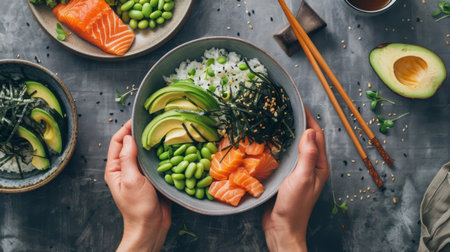 A person preparing salmon poke bowls with fresh fish, avocado, edamame, and seaweed salad.の素材