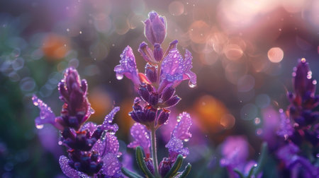 A cluster of purple lavender flowers covered in morning dew, with blurred garden background.の素材