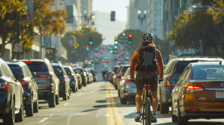 A cyclist commuting on a dedicated bike lane amidst morning traffic in the city.の素材