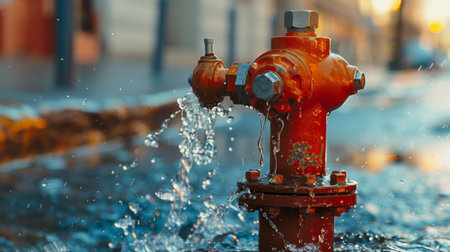 A fire hydrant with water gushing out, used by firefighters to battle a blaze in an urban area.の素材