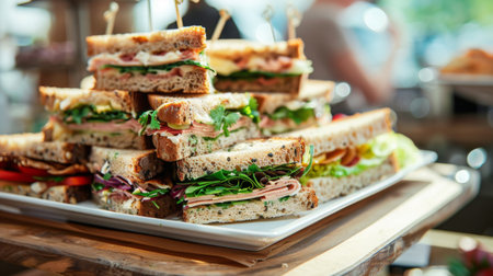 A platter of assorted gourmet sandwiches with fresh ingredients, served at a trendy cafe.の素材