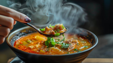 A person's hand holding a spoonful of spicy Tom Yum Goong soup, steam rising from the bowl.の素材