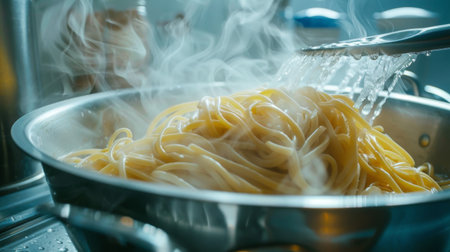 A large pot of pasta being drained in a sink, with steam rising and water splashing.の素材