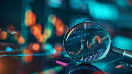 A magnifying glass focusing on a specific section of a stock market graph, emphasizing detailed analysis.の素材