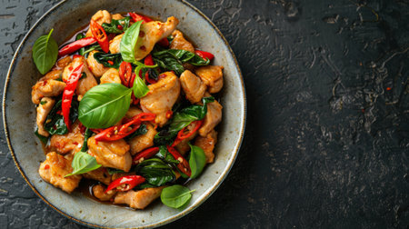 A plate of spicy Thai basil chicken (Pad Krapow Gai) stir-fried with chili peppers and holy basil leaves.の素材