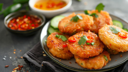 A plate of crispy fried Thai fish cakes (Tod Mun Pla) served with sweet chili sauce and cucumber relish.の素材