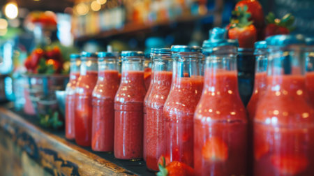 A row of glass bottles filled with strawberry smoothies, ready for customers at a juice bar.の素材